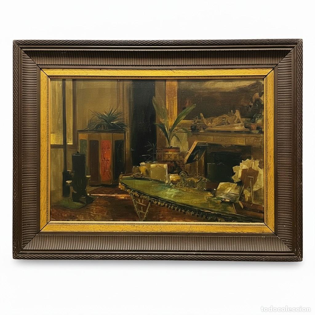 Arte: Tom&aacute;s Mart&iacute;n Rebollo XIX Interior de estudio escena costumbrista &Oacute;leo sobre lienzo FIRMADO