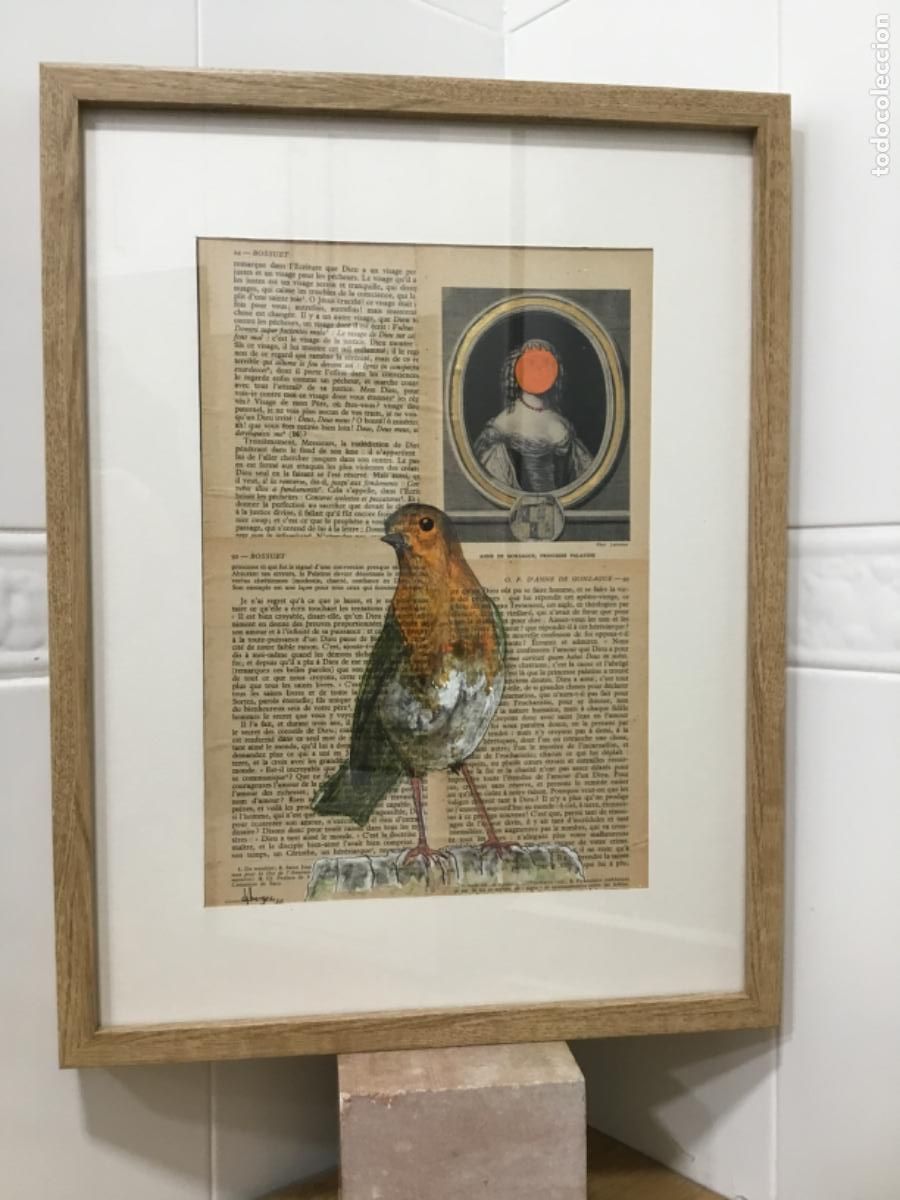 Arte: Petirrojo de pedigr&iacute;. Acr&iacute;lico sobre madera y papel antiguo.