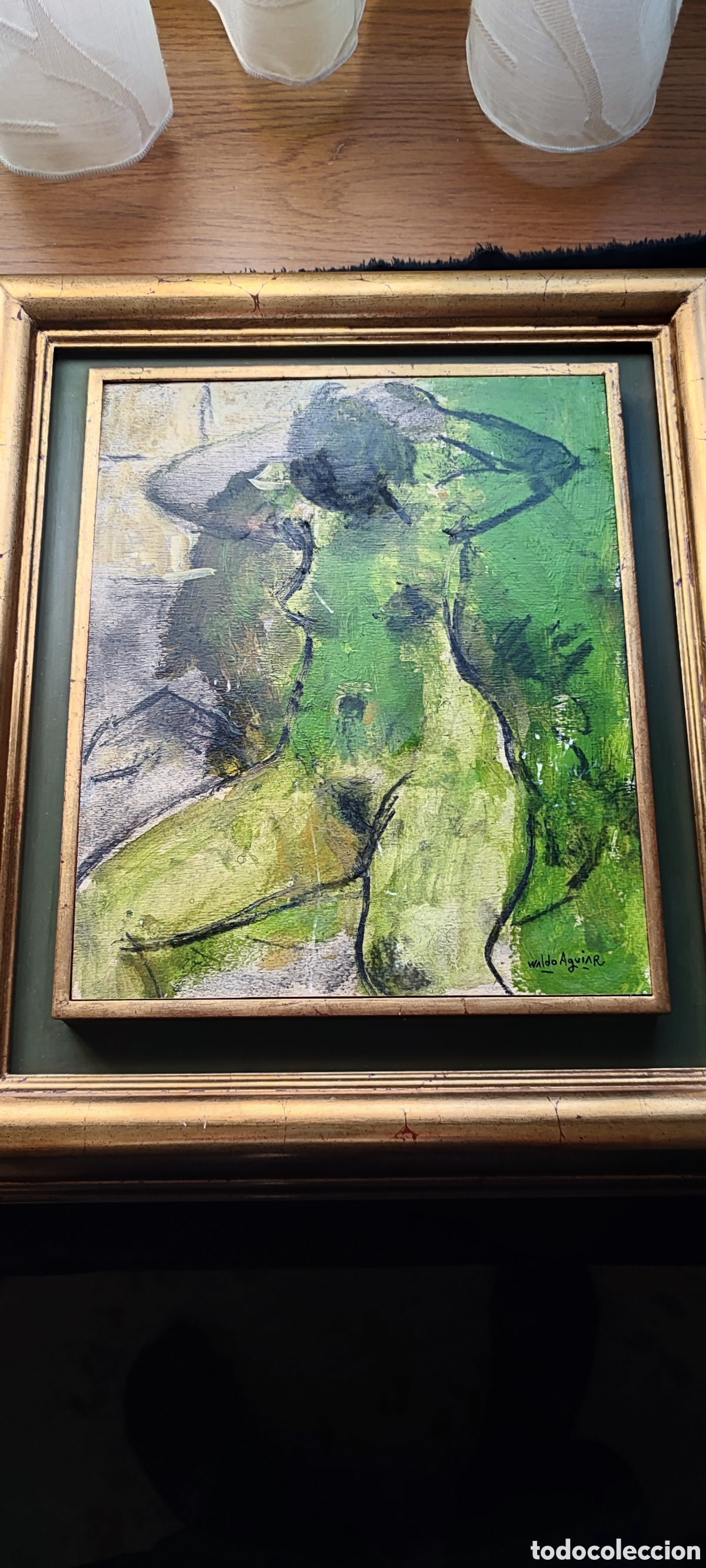 Arte: Oleo sobre tabla Desnudo en verdes del famoso pintor Waldo Aguiar firmado 1996