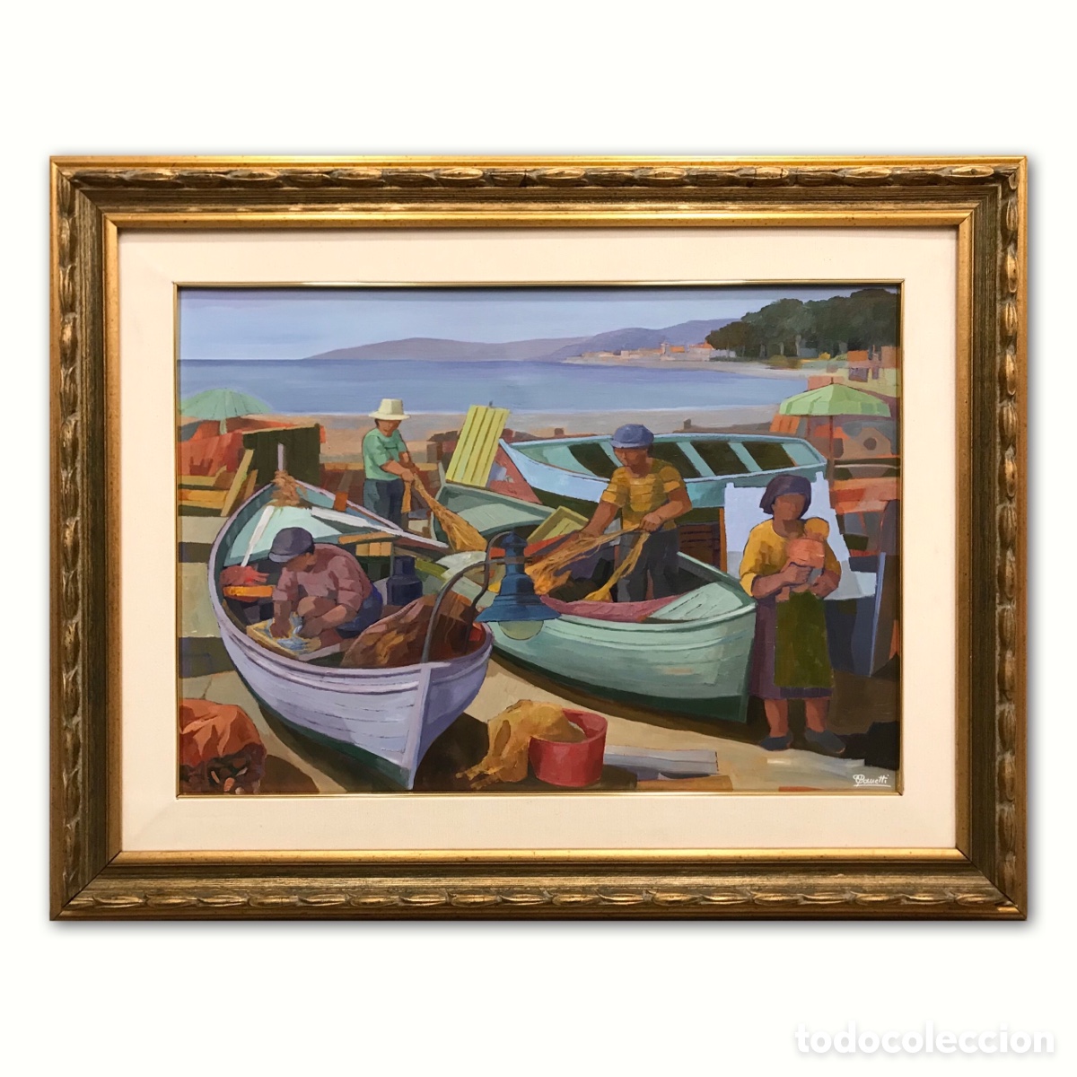 Arte: &rdquo;Pescatori&rdquo; Paolo Canetti (1940), a&ntilde;os 80-90 del S.XX aprox 95x70cm