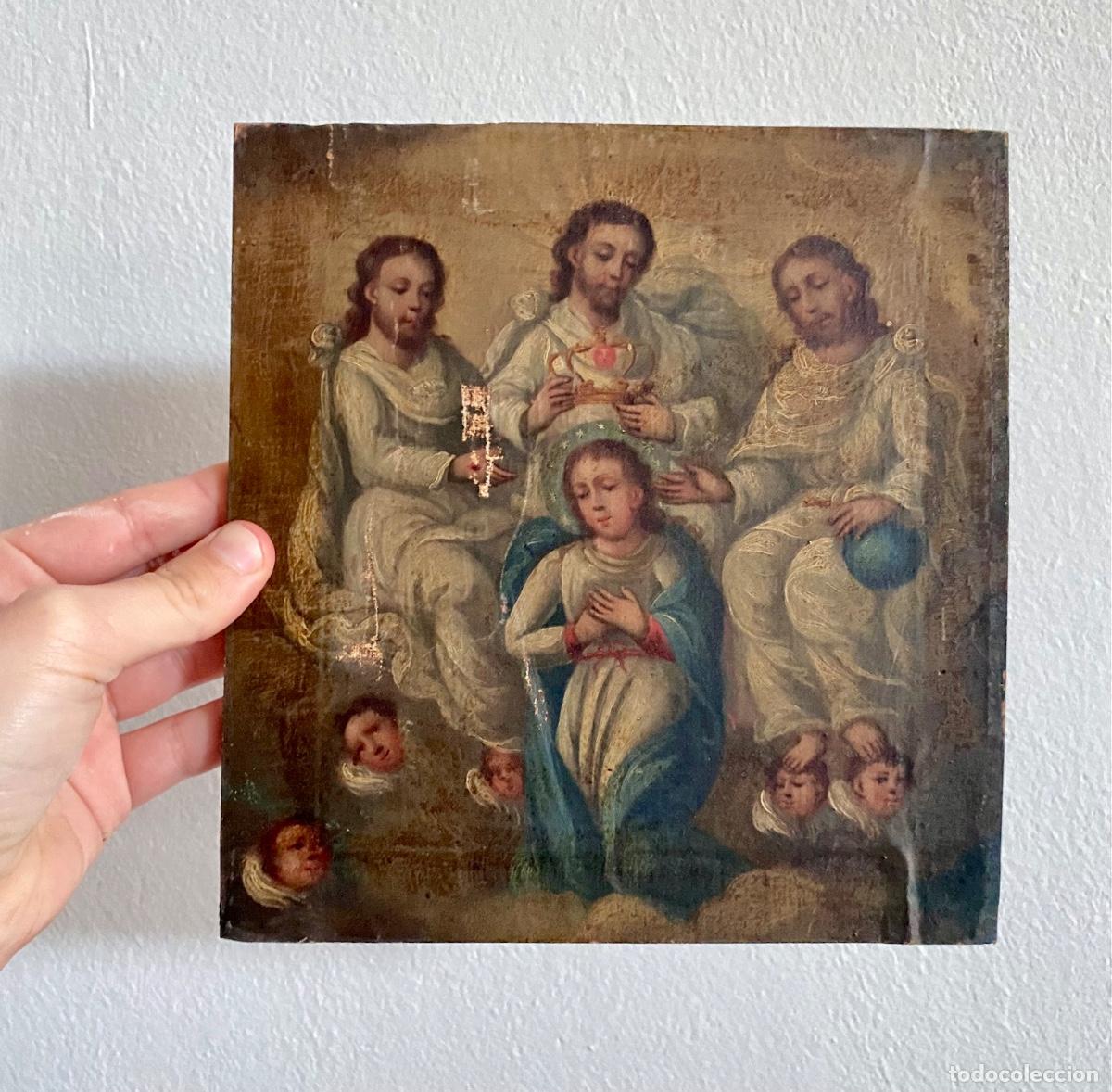 Arte: Coronaci&oacute;n de la Virgen por la Sant&iacute;sima Trinidad, Escuela Novohispana, siglo XVIII.