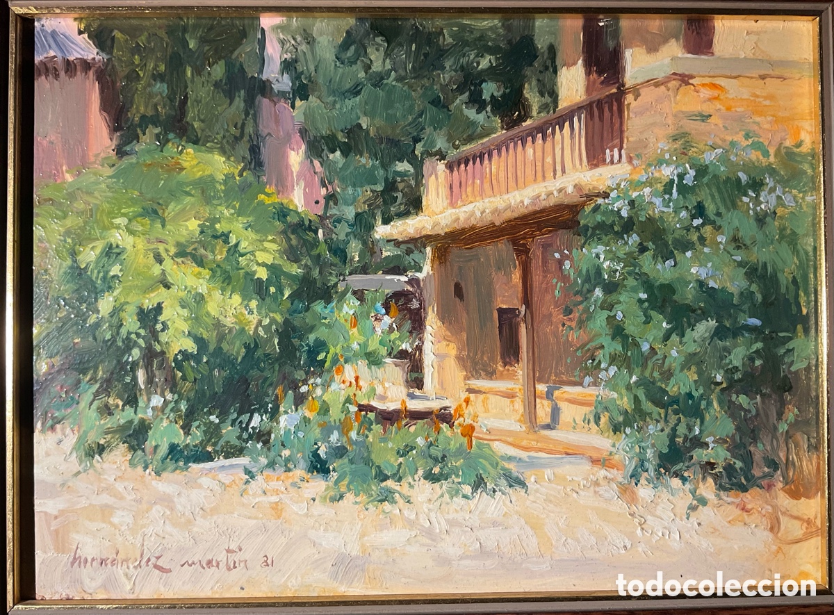 Arte: J.A. Hern&aacute;ndez Martin , oleo sobre tabla, escena de jard&iacute;n. 1981