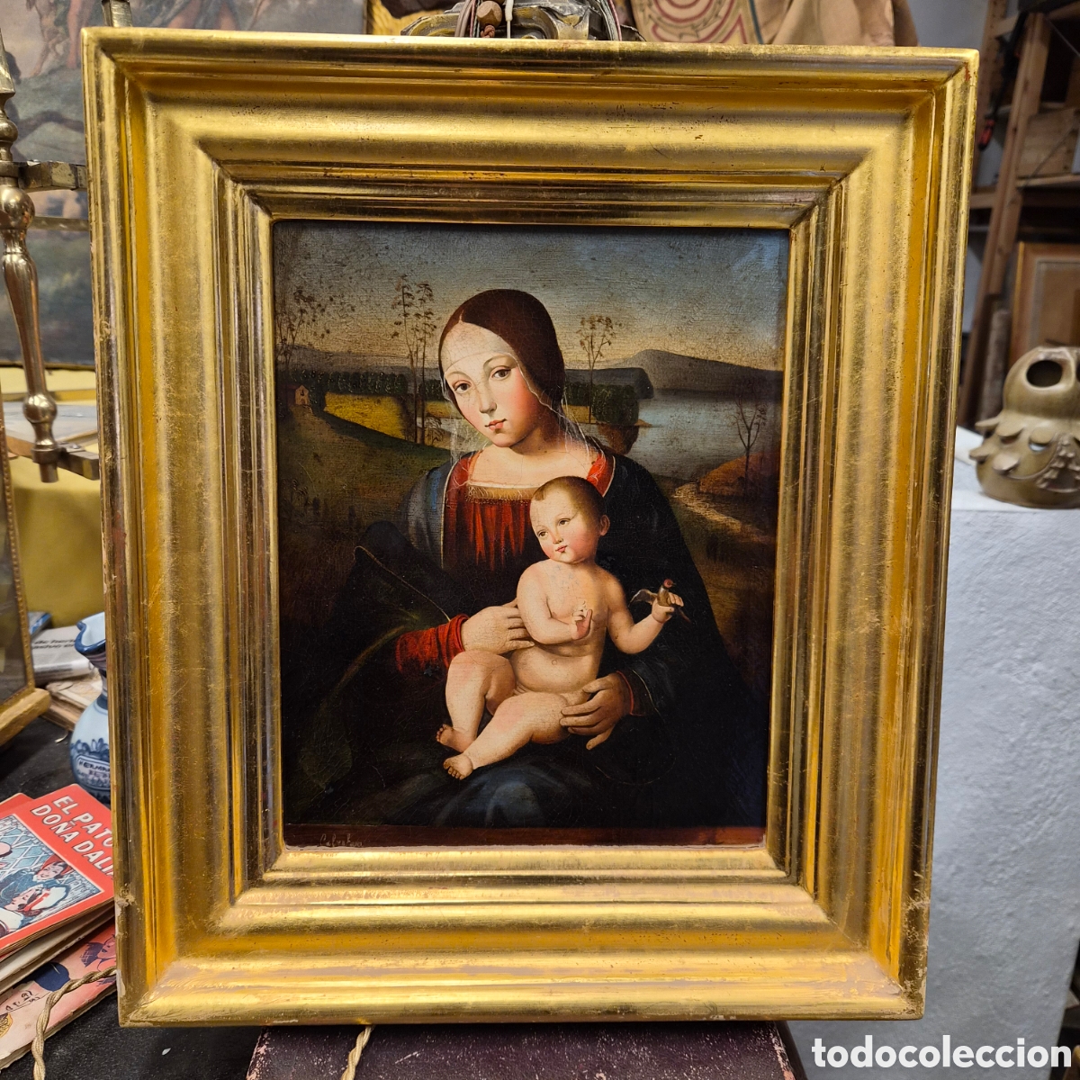 Arte: &Oacute;leo sobre lienzo Virgen con Ni&ntilde;o Copia de maestro renacentista (S. XIX&ndash;XX) Firmado