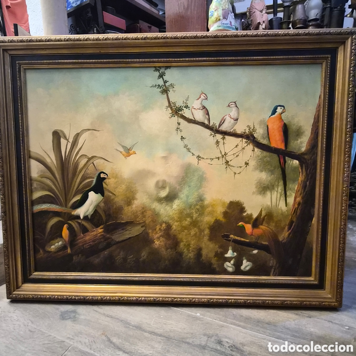 Arte: Oleo sobre lienzo escena aves exoticas naturaleza gran tama&ntilde;o