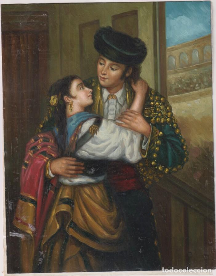 Arte: Pintura. Oleo sobre cobre (22x18 cms.) Escuela andaluz. Escena de ventas. Siglo XX