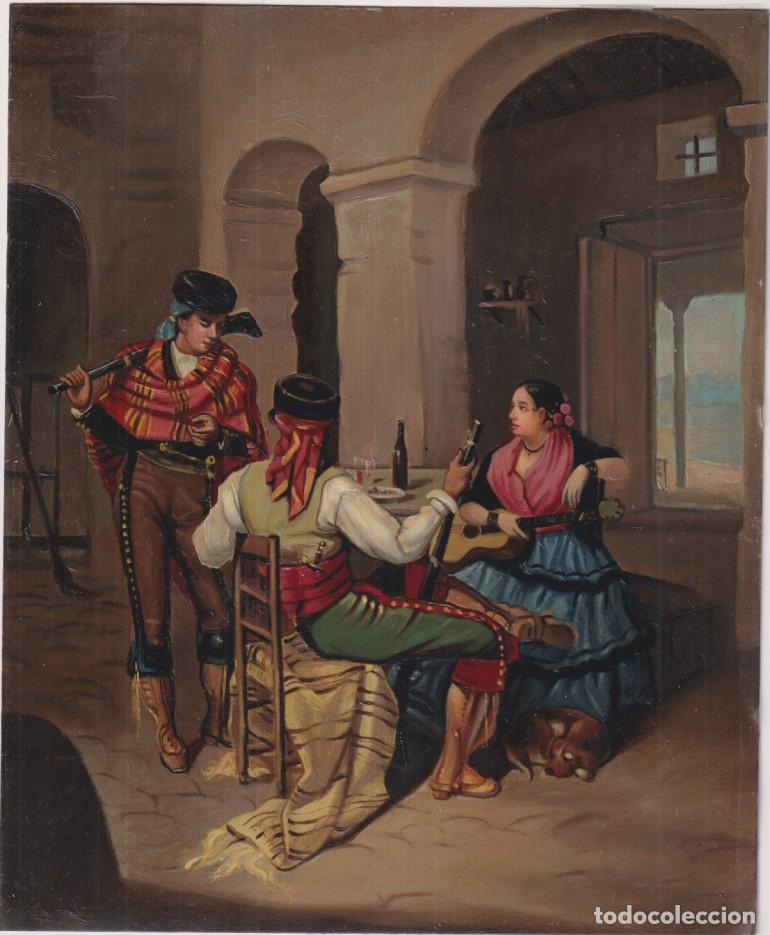 Arte: En la venta. Escuela sevillana. (24,5x20) Oleo sobre cobre. Siglo XX