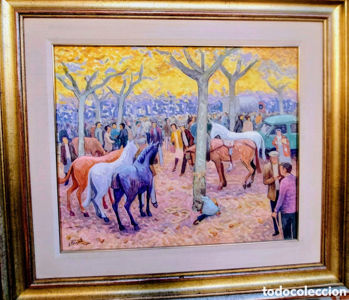 Arte: CONGOTS SEBASTIA OLEO TELA 55X46 DE 1984 LA FIRA DE TARDOR..CABALLS