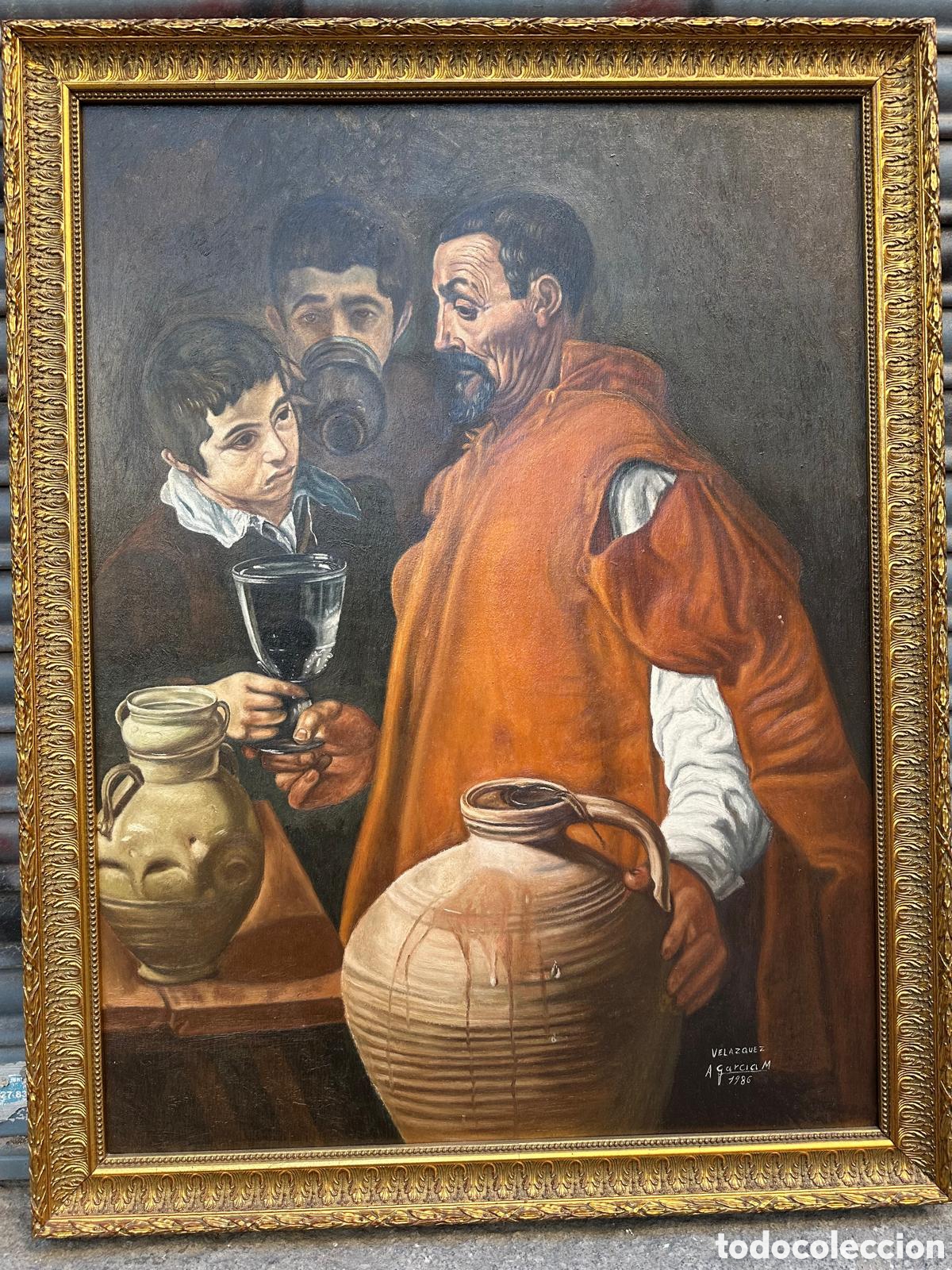 Arte: &Oacute;leo sobre tabla gran formato &ndash; Escena de taberna estilo Vel&aacute;zquez &ndash; firmado A. Garc&iacute;a M. (1998)