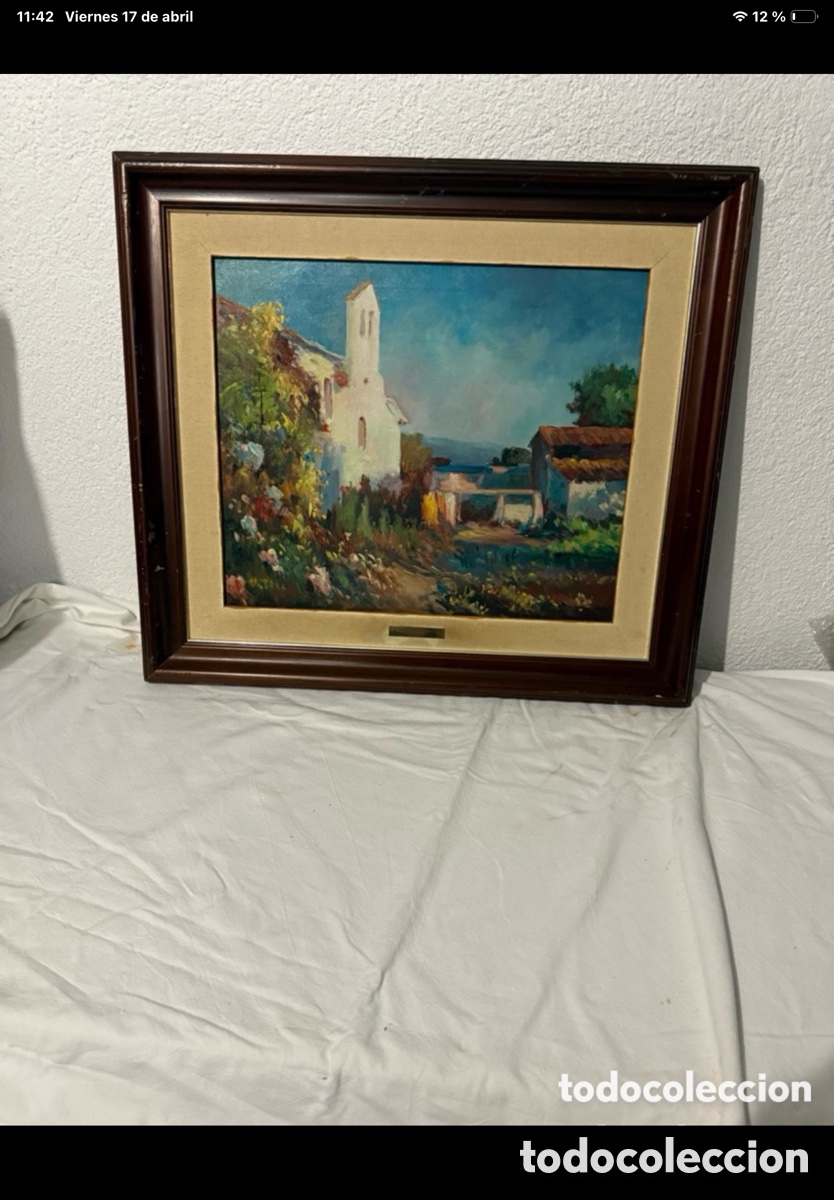 Arte: &Oacute;leo sobre lienzo &rdquo;Paisaje de Vilanova&rdquo; - firmado Valles y enmarcado - paisaje mediterr&aacute;neo