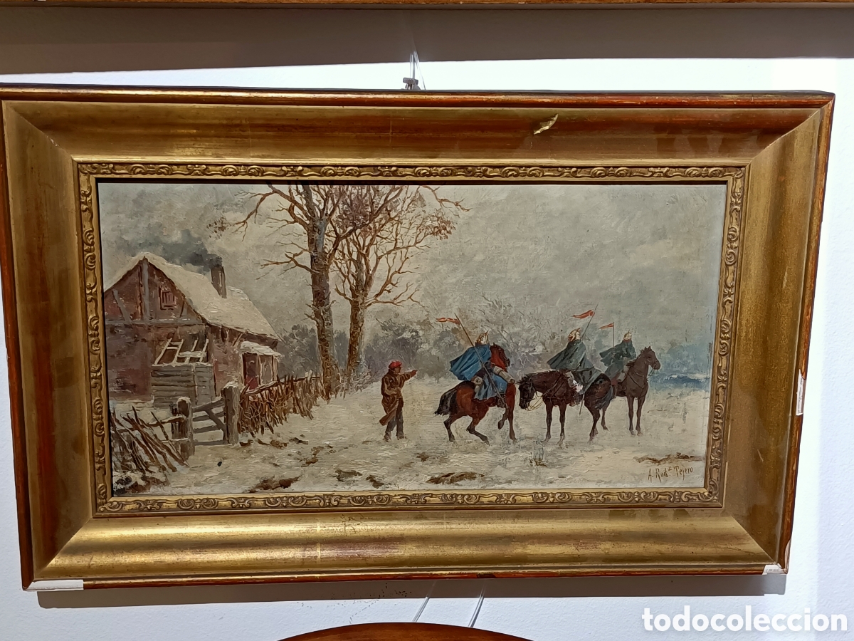 Arte: Oleo sobre tabla del pintor A. Rodr&iacute;guez Tejero, soldados carlistas.