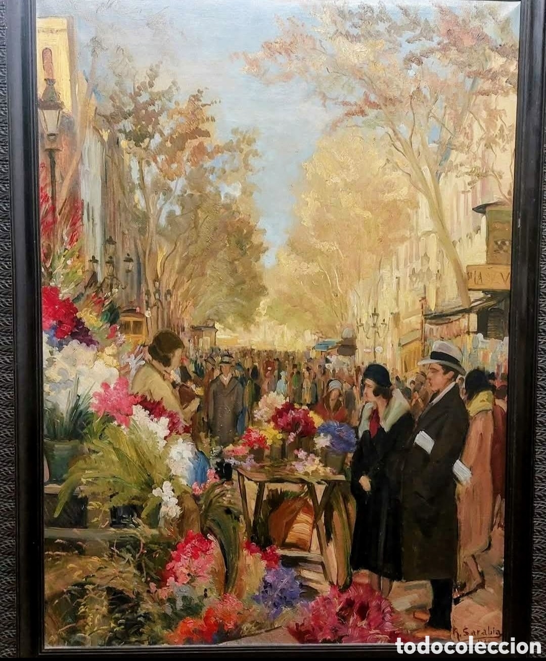 Kunst: SARABIA RAFAEL OLEO TELA GRANDE 110X80 RAMBLAS DE BARCELONA 1930 PERFECTO DE MUSEO