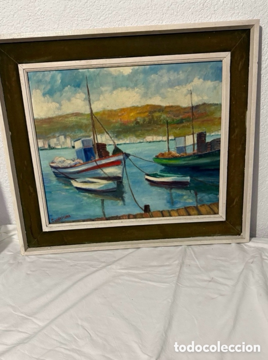 Arte: &Oacute;leo sobre lienzo paisaje marinero con barcas en puerto - firmado