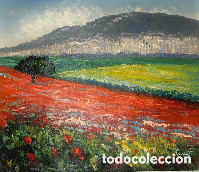 Art: &Oacute;leo sobre lienzo paisaje amapolas impresionista contempor&aacute;neo 62 x 52 cm