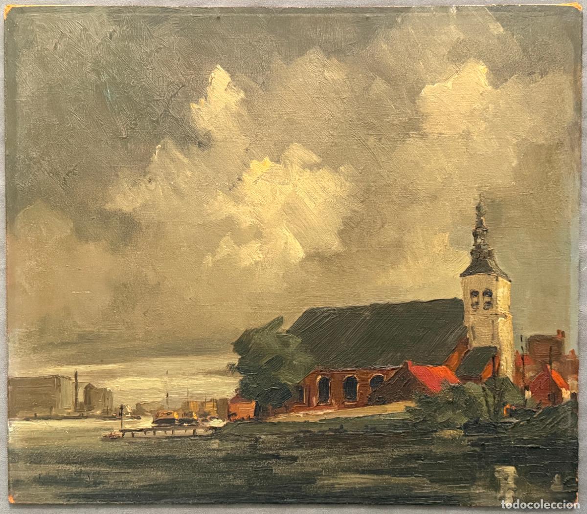 Arte: &Oacute;leo tablex de 1960 aprox. Firmado ,autor Noruego , K , V ..... vistas con iglesia y canal