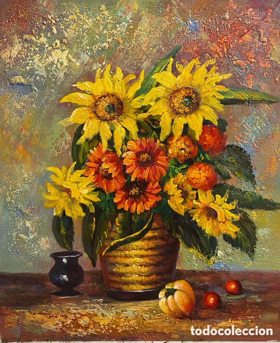 Kunst: Bodeg&oacute;n girasoles y flores al &oacute;leo t&eacute;cnica impacto gran textura contempor&aacute;nea 61 x 51 cm