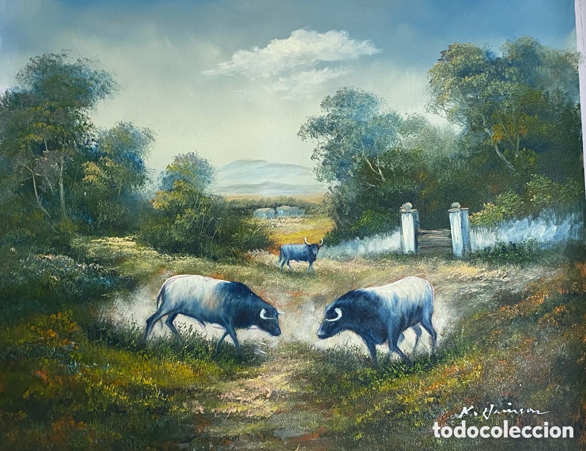 Kunst: &Oacute;leo sobre lienzo escena rural Toros enfrentados &Oacute;leo sobre lienzo escena rural Toros en libertad