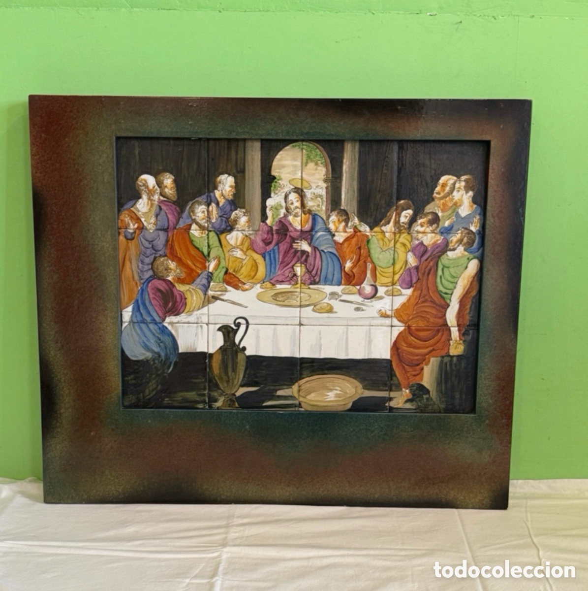 Arte: Antiguo panel 12 azulejos pintados - La &Uacute;ltima Cena - cuadro de la primera mitad del siglo XX