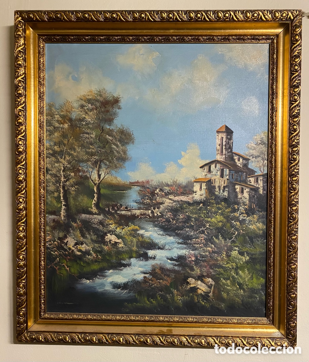 Art: &Oacute;leo sobre lienzo paisajista Mas&iacute;a o pueblo de monta&ntilde;a 86,5 x 73 cm.