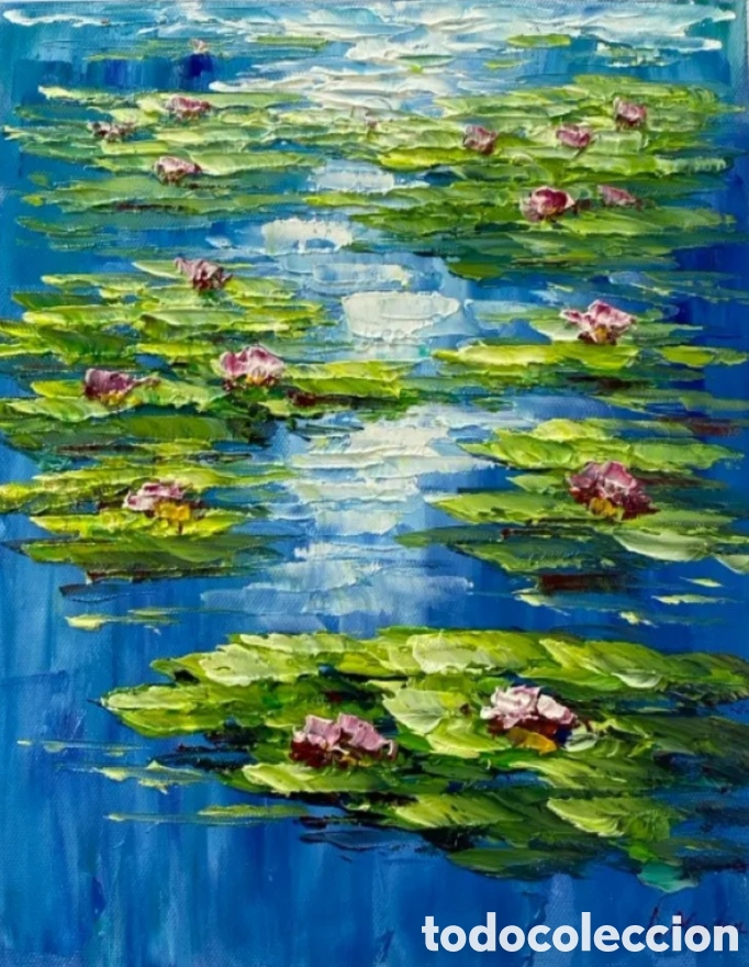 Art: Paisaje de nen&uacute;fares con t&eacute;cnica de impacto a esp&aacute;tula tipo Claude Monet Water Lilies 27 x 22 cm