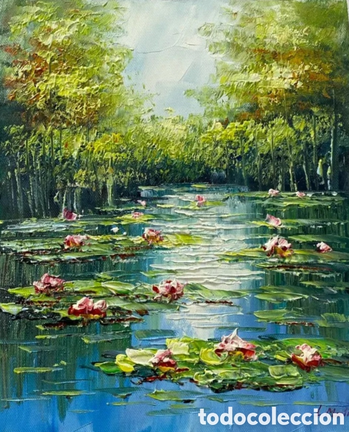 Art: Paisaje de nen&uacute;fares con t&eacute;cnica de impacto a esp&aacute;tula tipo Claude Monet Water Lilies 27 x 22 cm