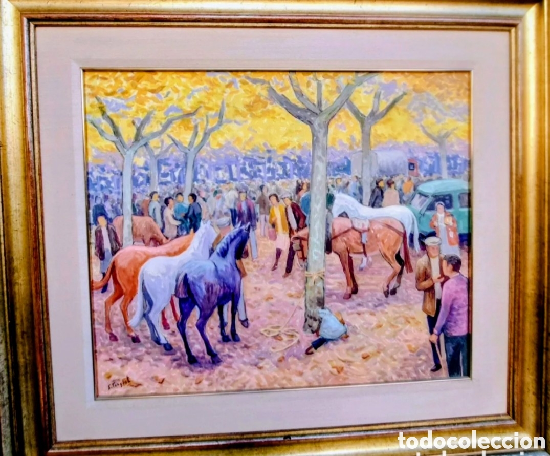 Arte: CONGOST SEBASTIA OLEO TELA 55X46 FIRA DE TARDOR CABALLS 1984