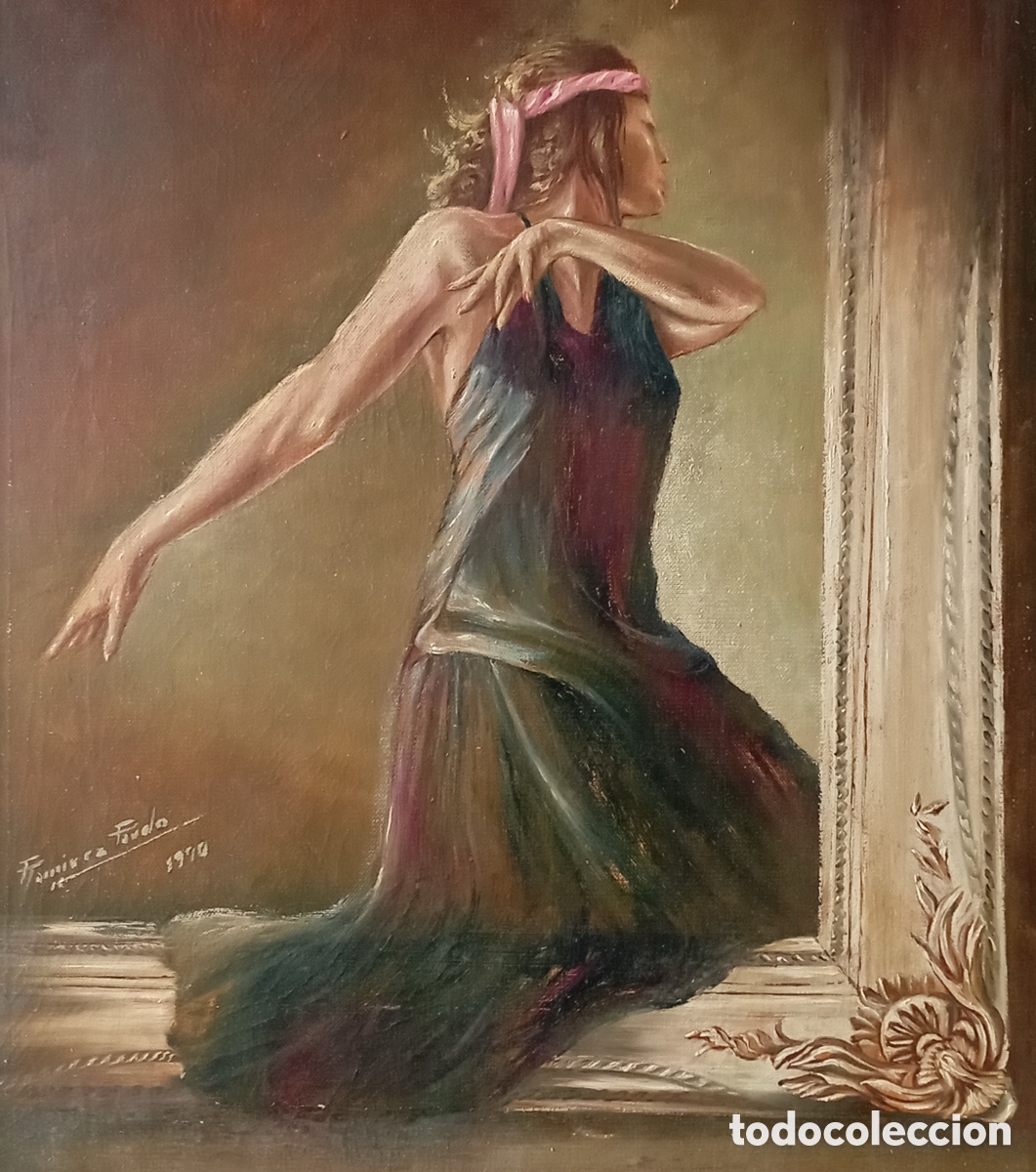 Art: &Oacute;leo sobre lienzo mujer pase de baile bailando a&ntilde;os 70 firmado Ram&iacute;rez Pardo fechado 1970
