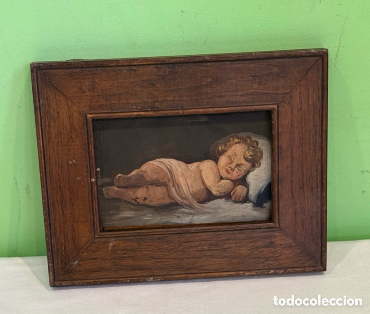 Art: Antigua pintura &oacute;leo sobre cobre - Ni&ntilde;o durmiendo - Escuela europea s.XVIII/XIX.