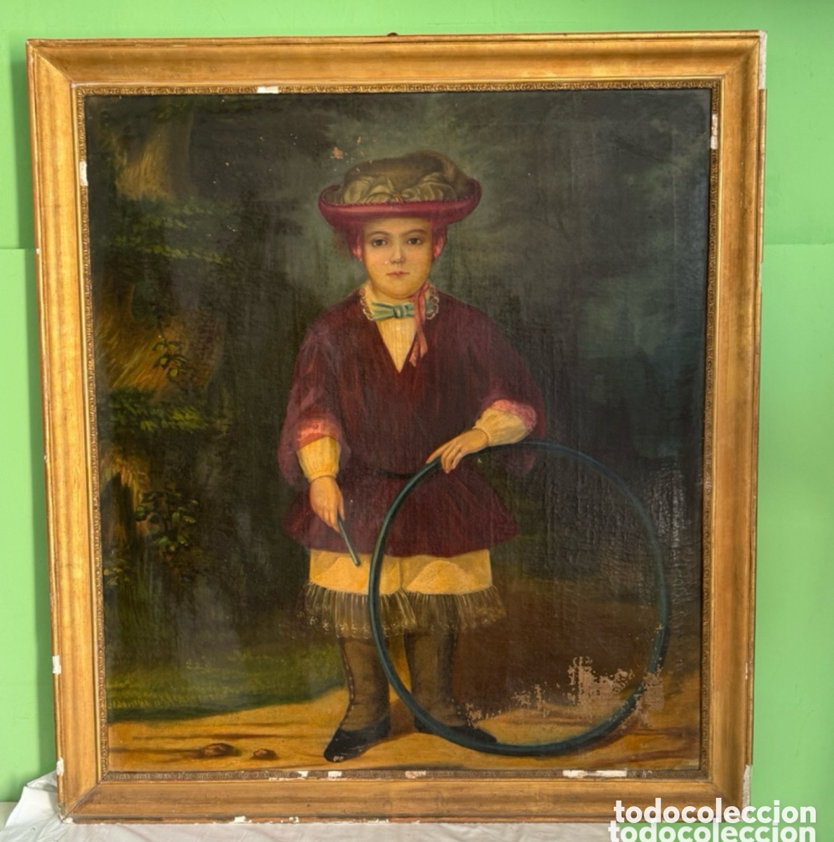 Arte: Antiguo &Oacute;leo sobre lienzo retrato ni&ntilde;o con aro siglo XIX. Grandes dimensiones.