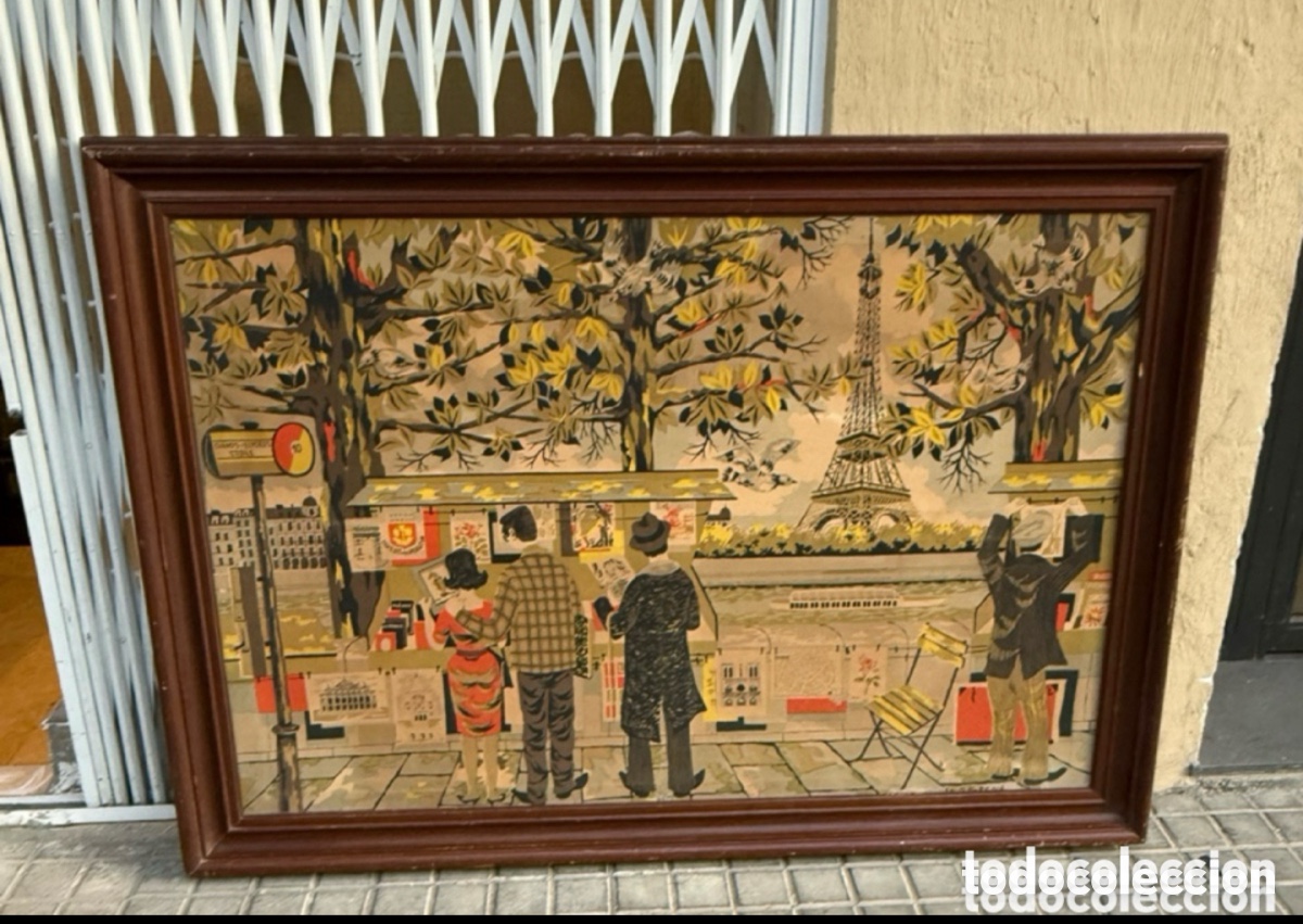 Kunst: Tapiz franc&eacute;s pintado de pared - Par&iacute;s con Torre Eiffel - firmado J. C. Bissery - vintage