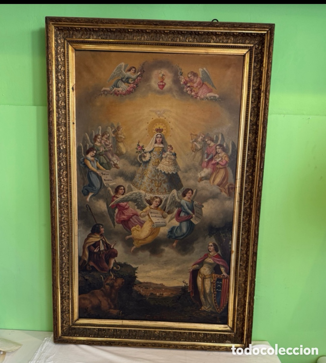 Arte: Antiguo &oacute;leo sobre lienzo coronaci&oacute;n de la virgen firmado Laureano Mercader a&ntilde;os 1886. (134X88 cm )