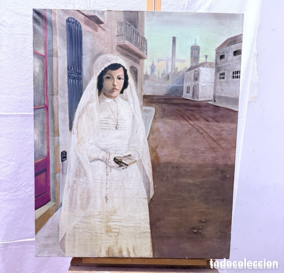 Arte: Ricard Calvo Dur&aacute;n &oacute;leo sobre lienzo 1978 retrato ni&ntilde;a de primera comuni&oacute;n paisaje urbano.