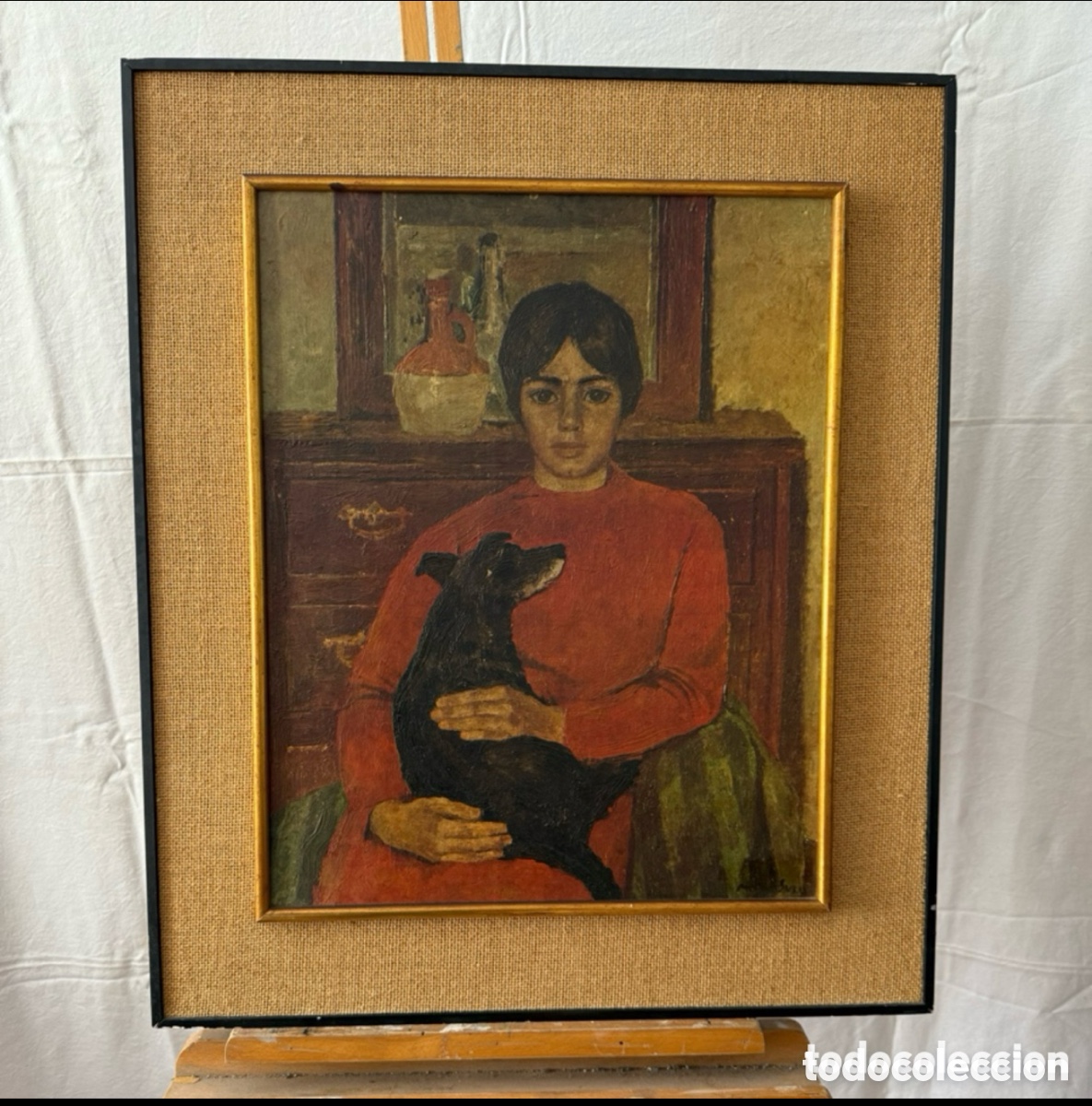 Kunst: Retrato femenino con perro &oacute;leo sobre TABLEX firmado enmarcado