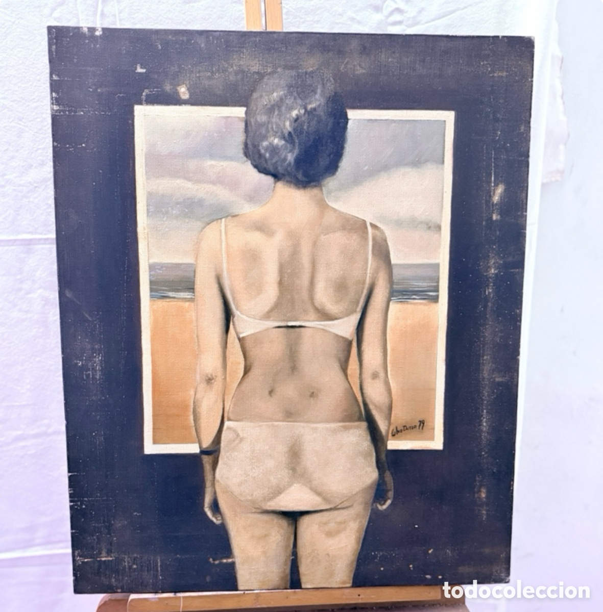 Arte: Ricard Calvo Dur&aacute;n &oacute;leo sobre lienzo &rdquo;Weird Weekend&rdquo; 1979 figura femenina playa.