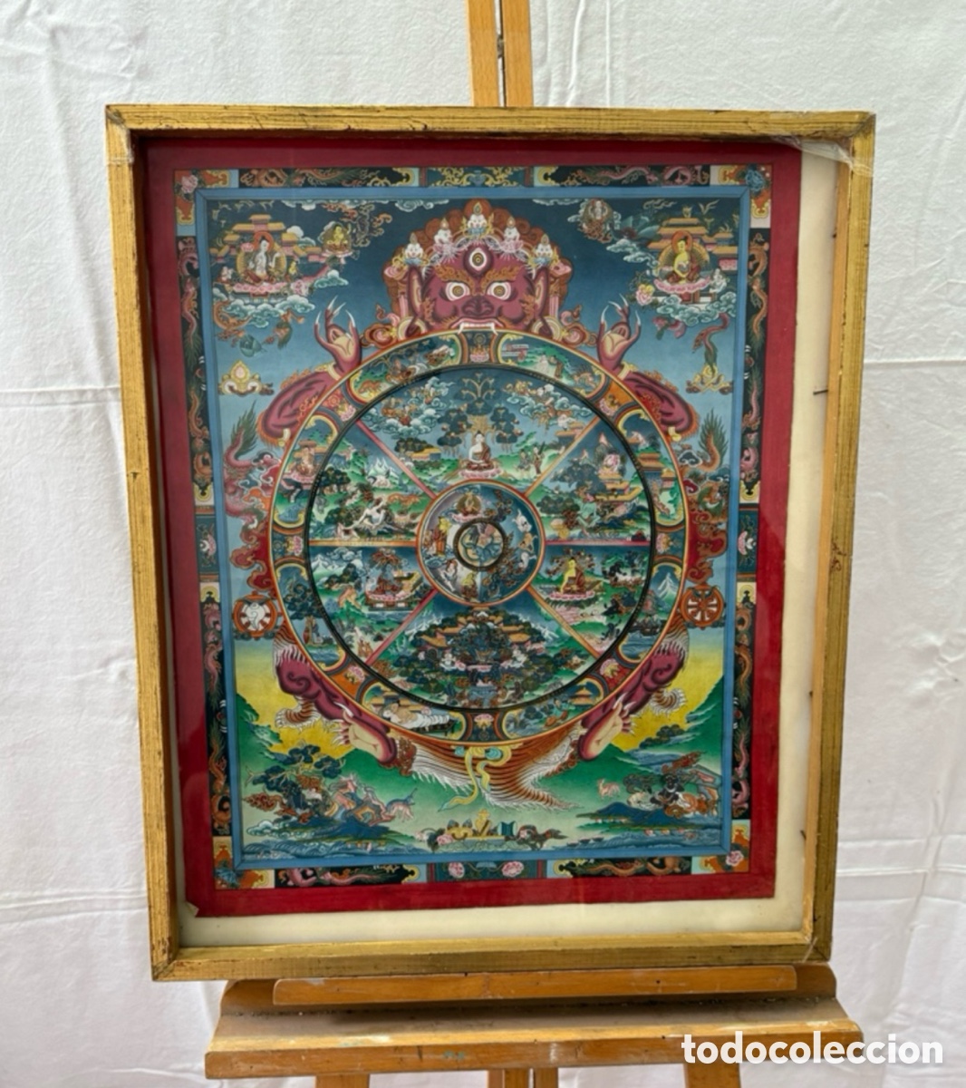 Kunst: Thangka tibetano pintado a mano. Rueda de la Vida (Bhavachakra). Arte budista.