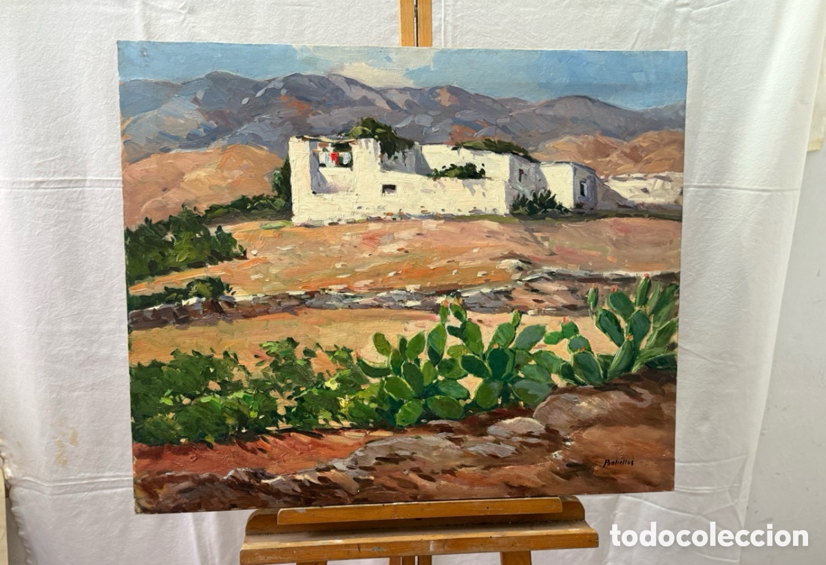 Art: Salvador Baliellas Oliva (Vic, Barcelona, 1932) paisaje mediterr&aacute;neo con casa blanca, &oacute;leo.