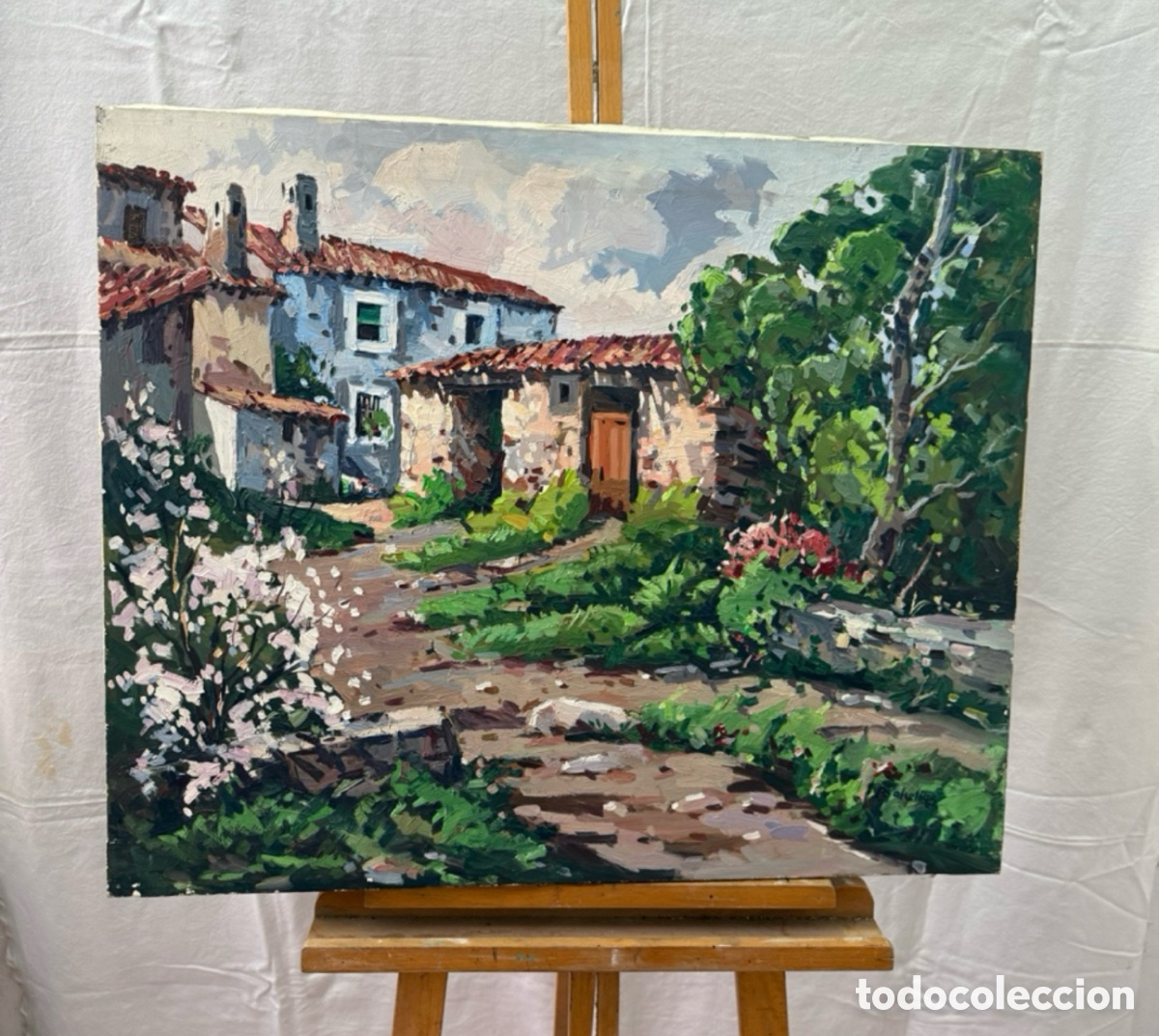 Art: Salvador Baliellas Oliva (Vic, Barcelona, 1932) paisaje de pueblo mediterr&aacute;neo, &oacute;leo.