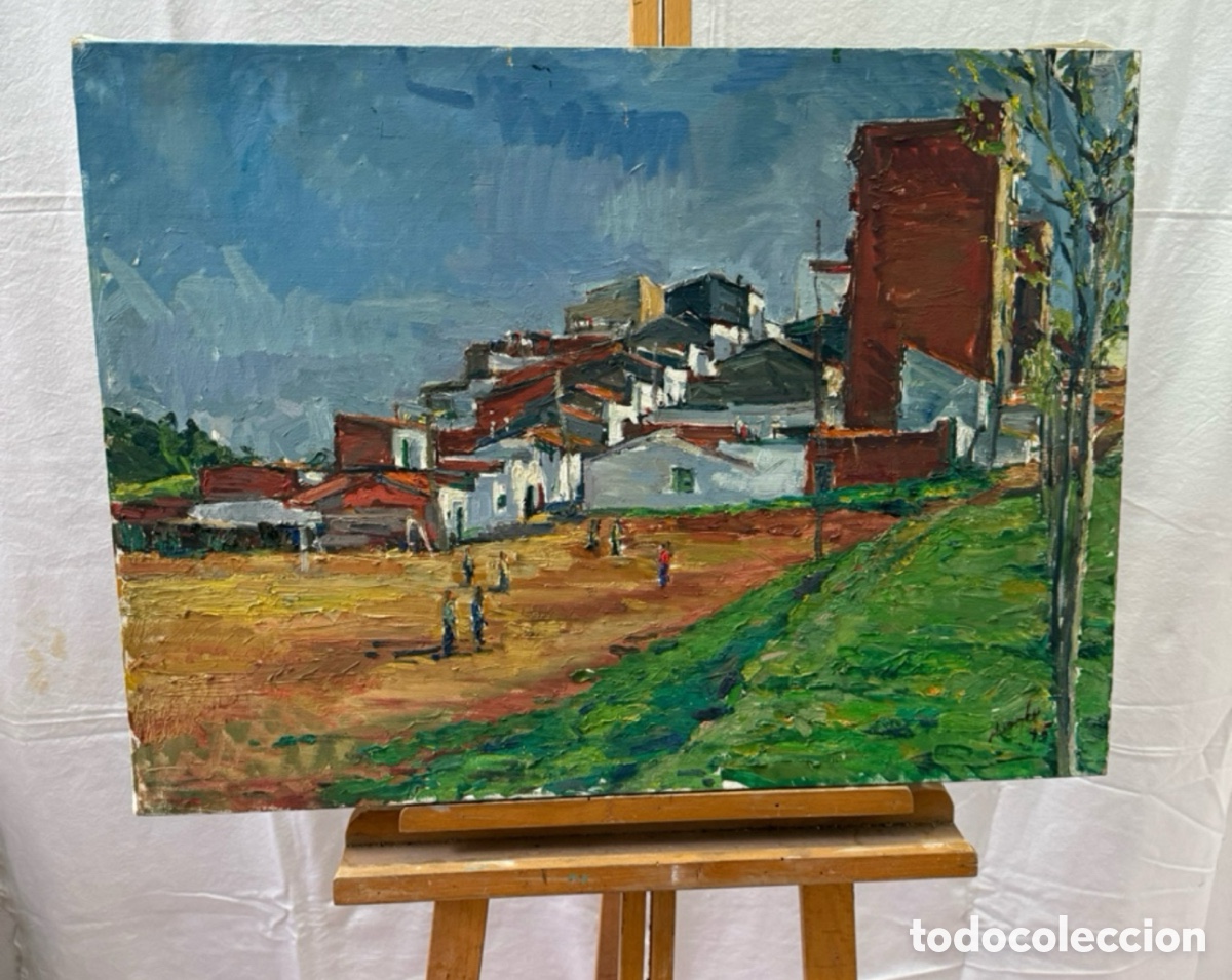 Art: Salvador Baliellas Oliva (Vic, Barcelona, 1932) paisaje de pueblo mediterr&aacute;neo con figuras, &oacute;leo.