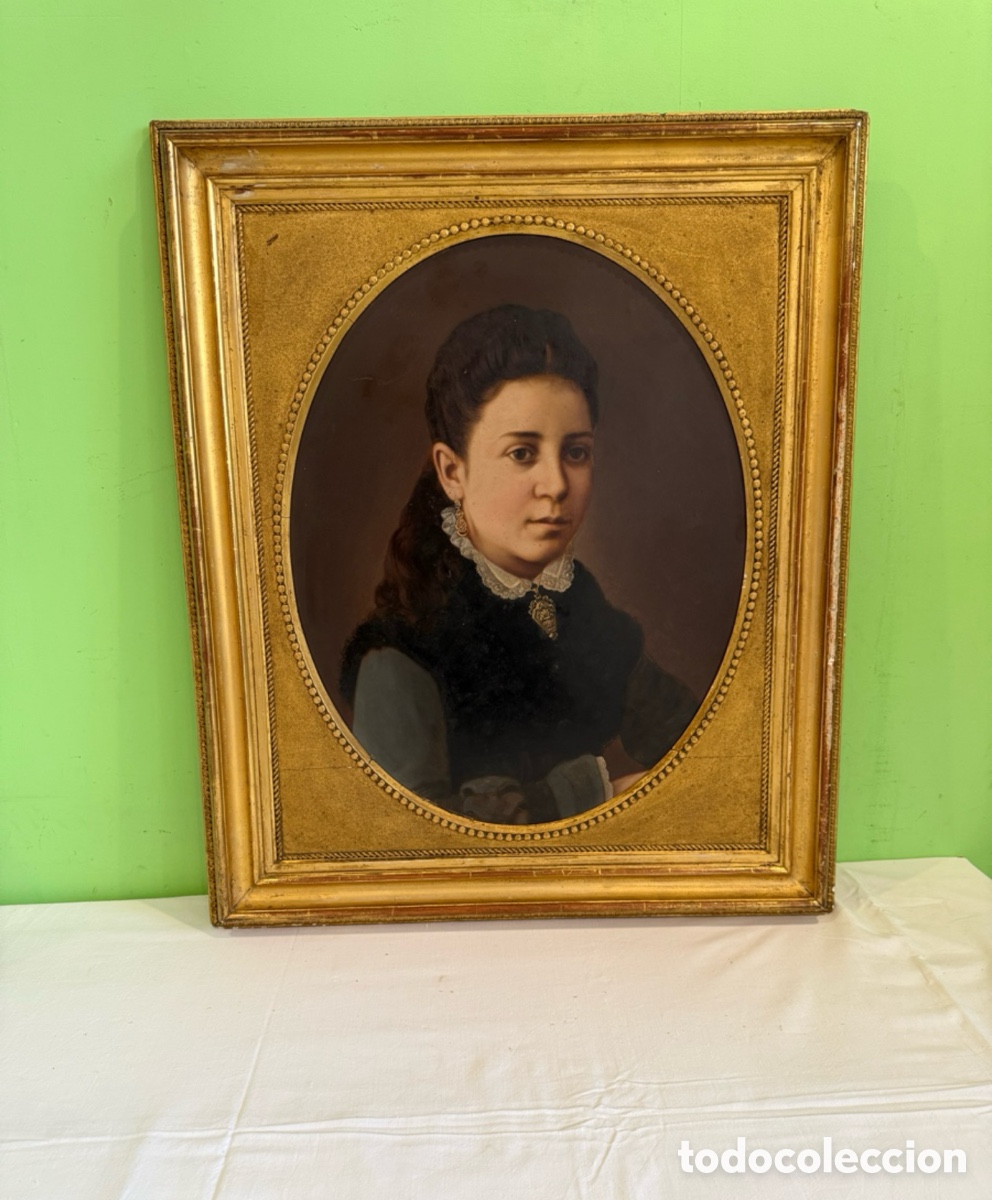 Kunst: Retrato femenino antiguo &oacute;leo sobre cart&oacute;n siglo XIX marco dorado ovalado.