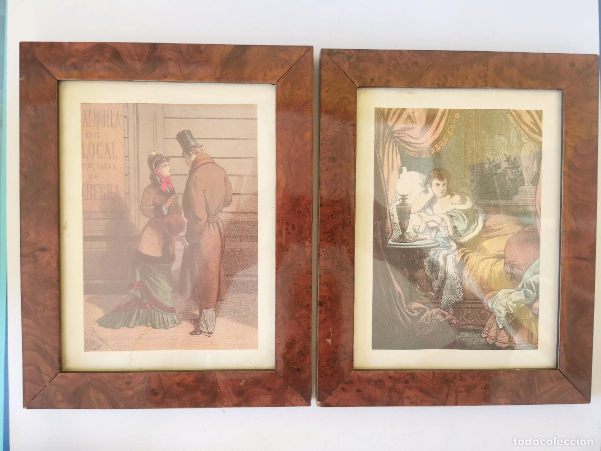 Arte: Litograf&iacute;as coloreadas de Eusebio Planas. Clarita en la cama y Clarita habla con caballero