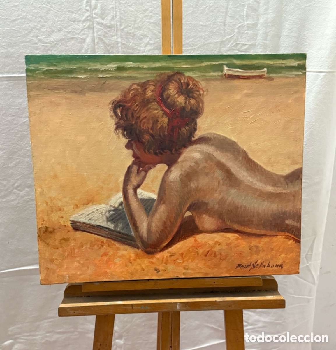 Arte: Josep Font Sellabona &oacute;leo sobre lienzo 1978 desnudo femenino playa Vacaciones