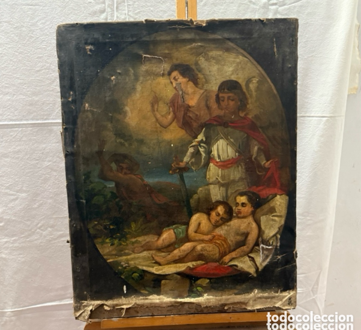 Arte: Antiguo &oacute;leo religioso s. XVII-XVIII - escena b&iacute;blica con &aacute;ngel y ni&ntilde;os - pintura antigua.
