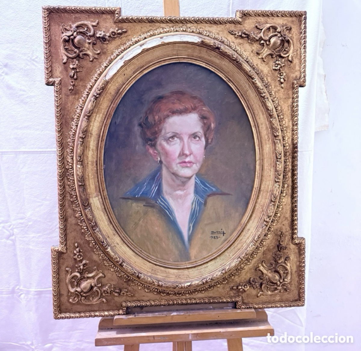 Arte: Retrato femenino. &Oacute;leo sobre lienzo firmado Dur&aacute;n 1983. Gran marco cl&aacute;sico