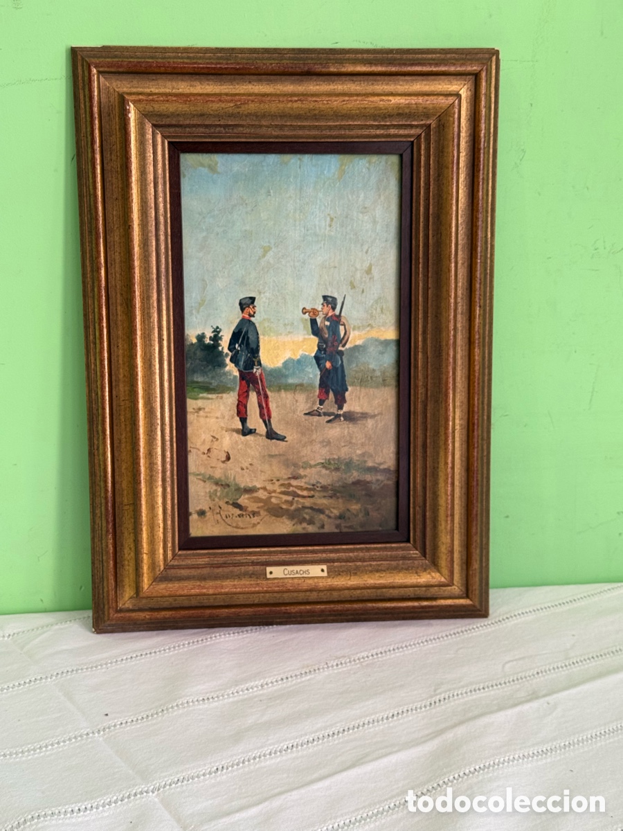 Art: &Oacute;leo sobre tablex firmado Cusachs atribuido Jos&eacute; Cusachs escena militar soldados marco dorado
