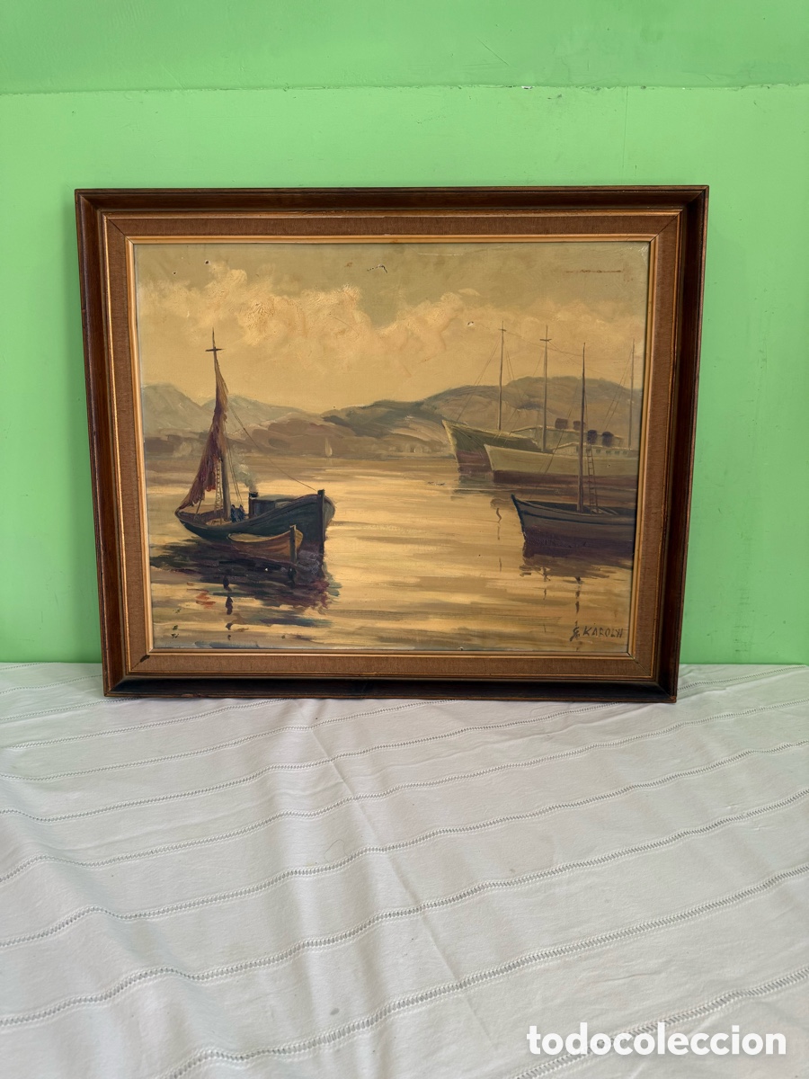Art: &Oacute;leo sobre lienzo firmado G. Karolyi paisaje marino pintura h&uacute;ngara SXX.