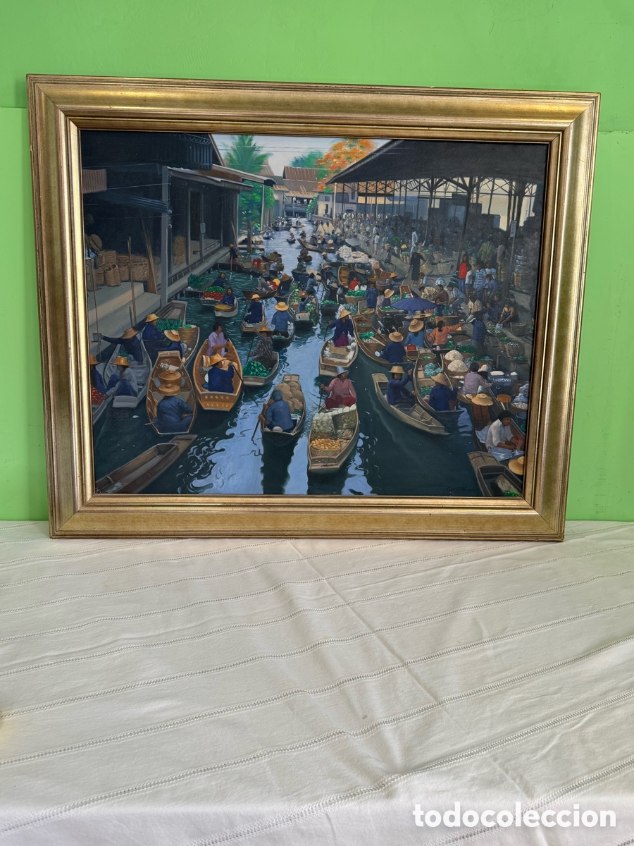 Arte: &Oacute;leo sobre lienzo firmado Gerasak 96 mercado flotante asi&aacute;tico gran formato . (110X92 cm) Ver fotos