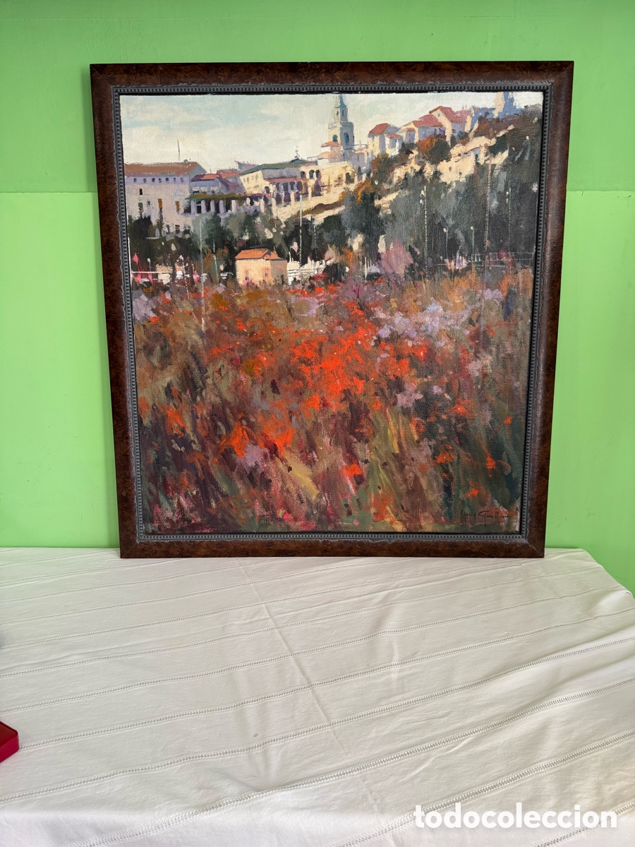 Kunst: Josep Guillem &oacute;leo sobre lienzo gran formato paisaje urbano floral firmado enmarcado (100cm X95 cm).