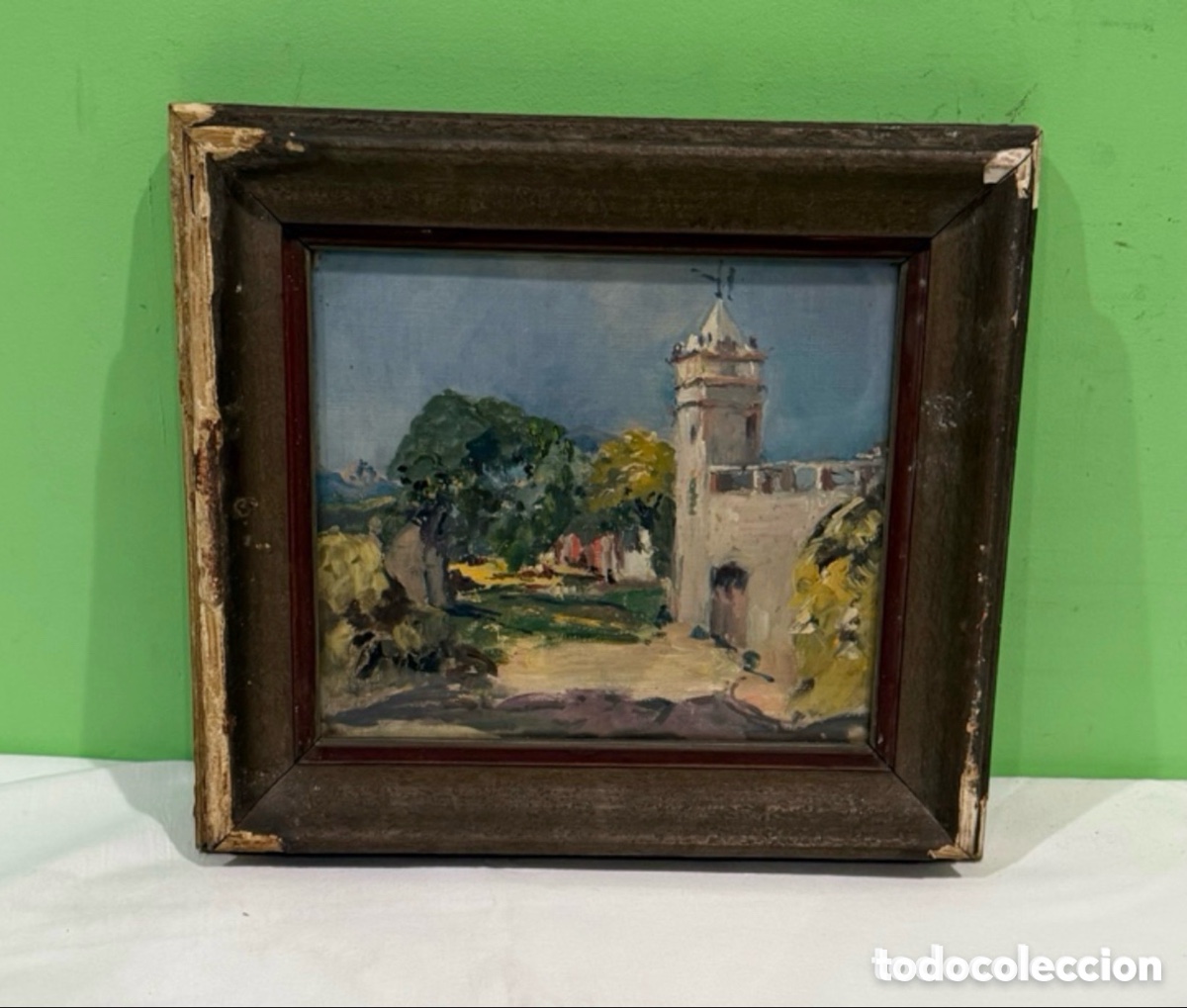 Art: Arturo Mart&iacute;nez Cabezas (1899) &oacute;leo sobre tablex paisaje con torre