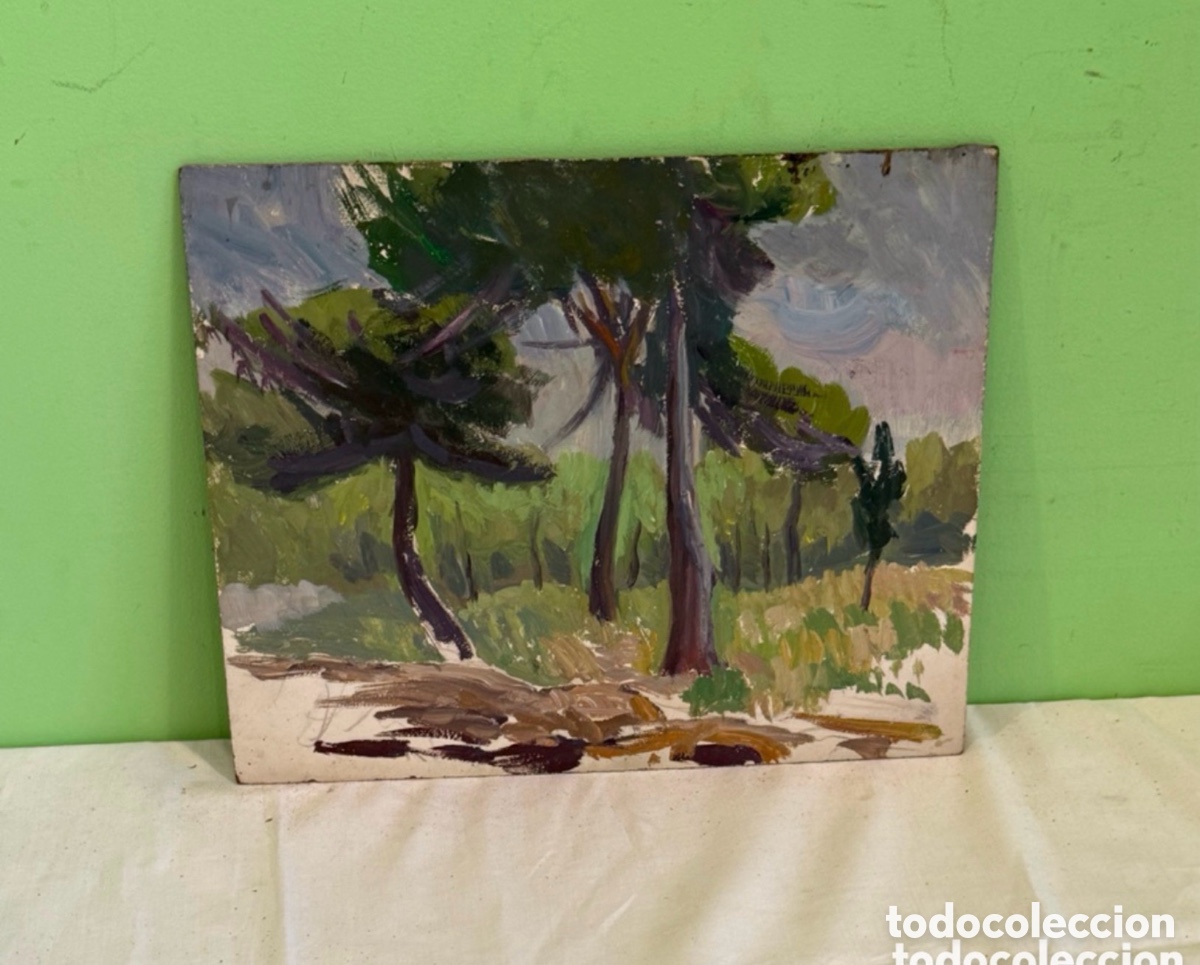 Art: Arturo Mart&iacute;nez Cabezas (1899) &oacute;leo sobre tablex paisaje con pinos Barcelona.