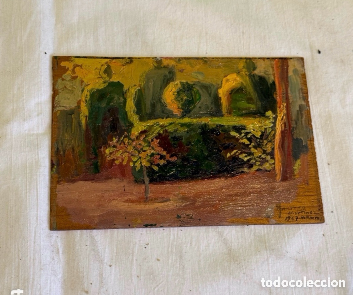 Art: Arturo Mart&iacute;nez Cabezas (1899) &oacute;leo sobre tablex paisaje jard&iacute;n Barcelona firmado