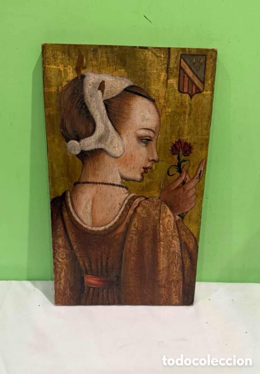 Arte: Panel de madera pintado - Retrato femenino estilo medieval/renacentista - Decoraci&oacute;n art&iacute;stica